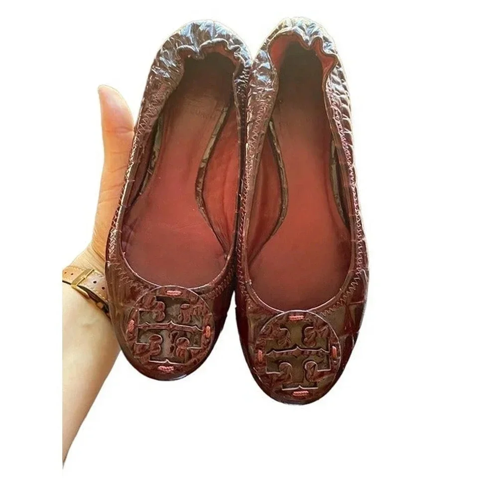 Tory Burch Minnie Travel Ballet Leather Burgundy Womens Casual US 6 M Slip Ons